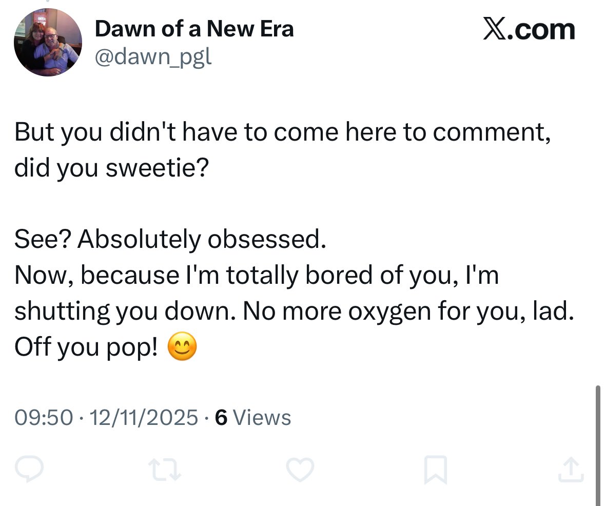 Blocked me, then unblocked me to make another comment.......

Seems pretty obsessed to me, or lonely.

Old lefty women absolutely love young right wing men