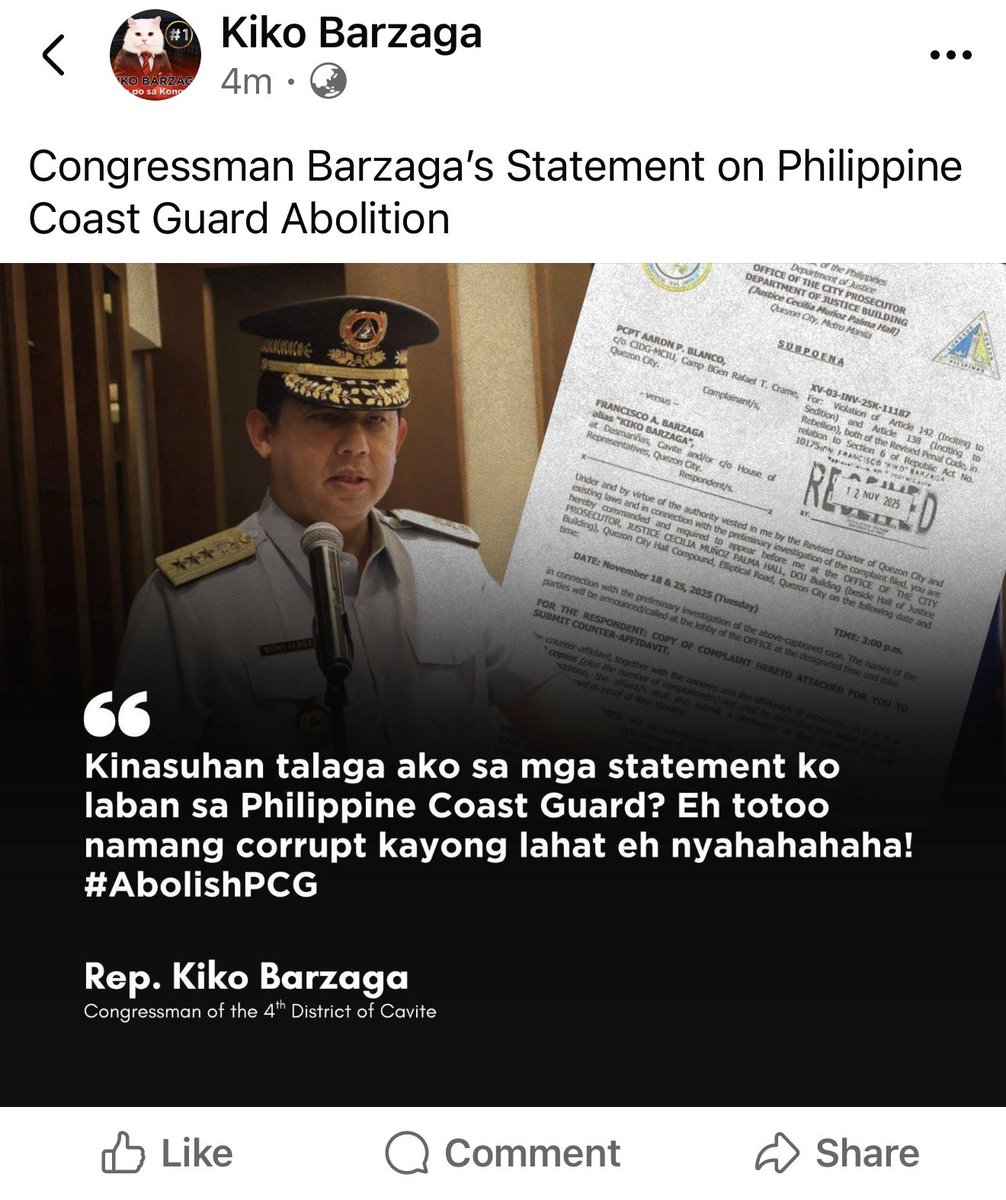 jaytaryela's tweet image. Now is the right time for Cong. Barzaga to consult a lawyer and a doctor. It appears he does not fully understand that the case filed against him is not directly related to his call for the abolition of the Philippine Coast Guard.🤷🏻‍♂️