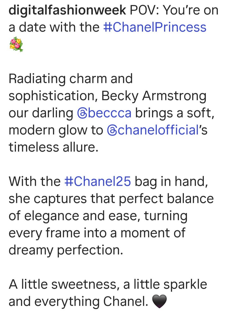 becky_support_'s tweet photo. via Digital Fashion Week IG POST

@CHANEL
@AngelssBecky
@beckyentofc

#CHANELPrincess 👸🏻
#CHANEL
#CHANEL25 
#CHANELxBecky 
#beckysangels
#BeckyArmstrong 
#BeckyEntertainment
#DigitalFashionWeek https://t.co/nU4eFGxWA4