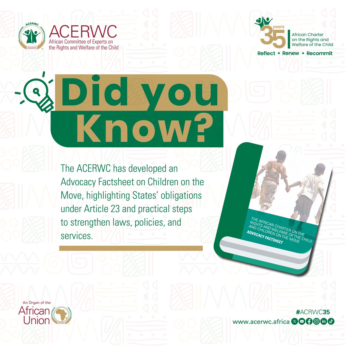 acerwc's tweet image. #DidYouKnow🤔 the ACERWC has developed an Advocacy Factsheet on Children on the Move, highlighting States’ obligations under Art 23 and practical steps to strengthen laws, policies, and services?

Download the factsheet on our website:🌐🌐🔗🔗  acerwc.africa/en/resources/s…

#ACRWC35