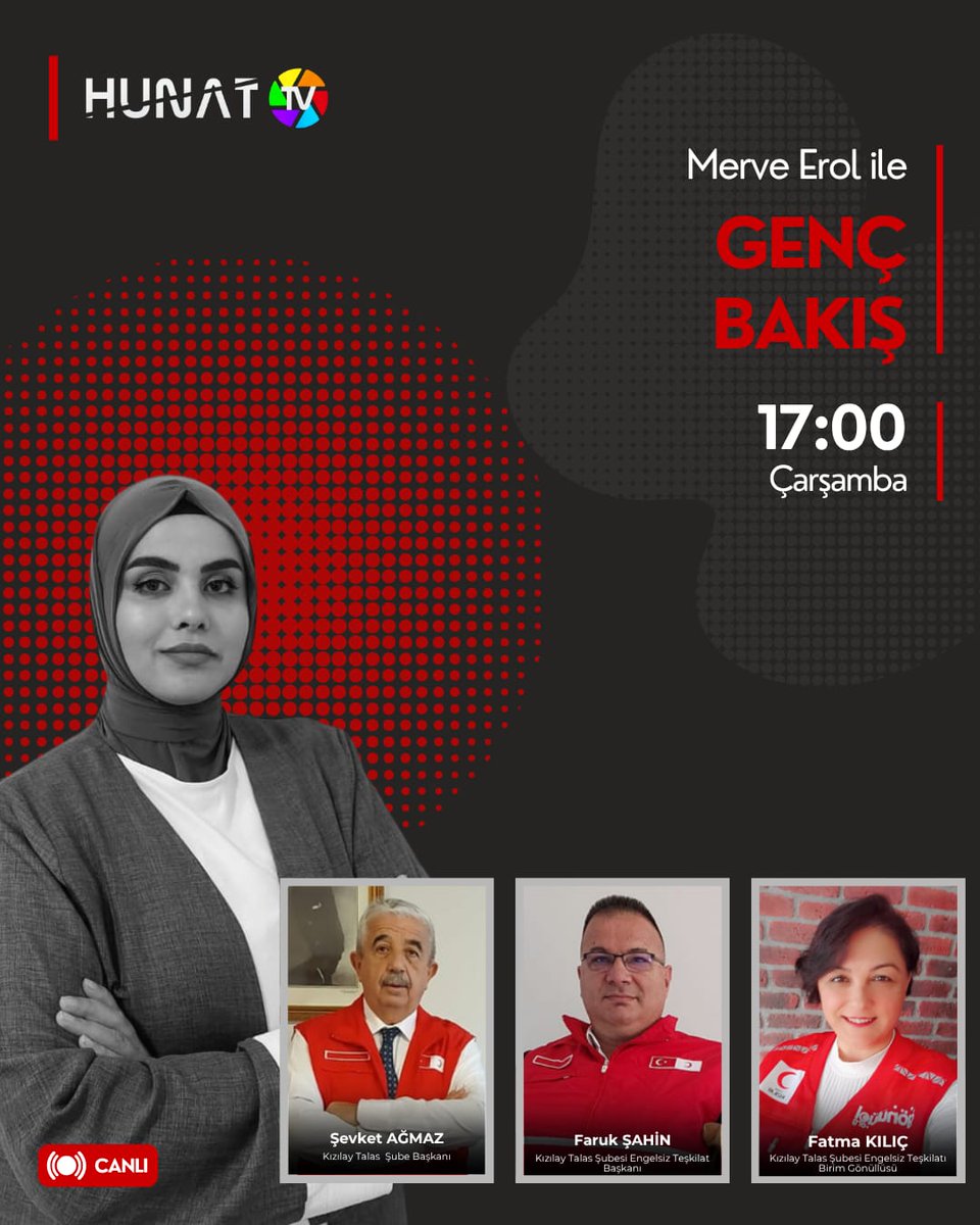 Merve Erol ile Genç Bakış programının konukları Kızılay Talas Şube Başkanı Şevket Ağmaz, Kızılay Talas Şubesi Engelsiz Teşkilat Başkanı Faruk Şahin ve Engelsiz Teşkilatı Birim Gönüllüsü Fatma Kılıç oluyor😊

Kaçırmayın🤗

📆Bugün
⏰17.00