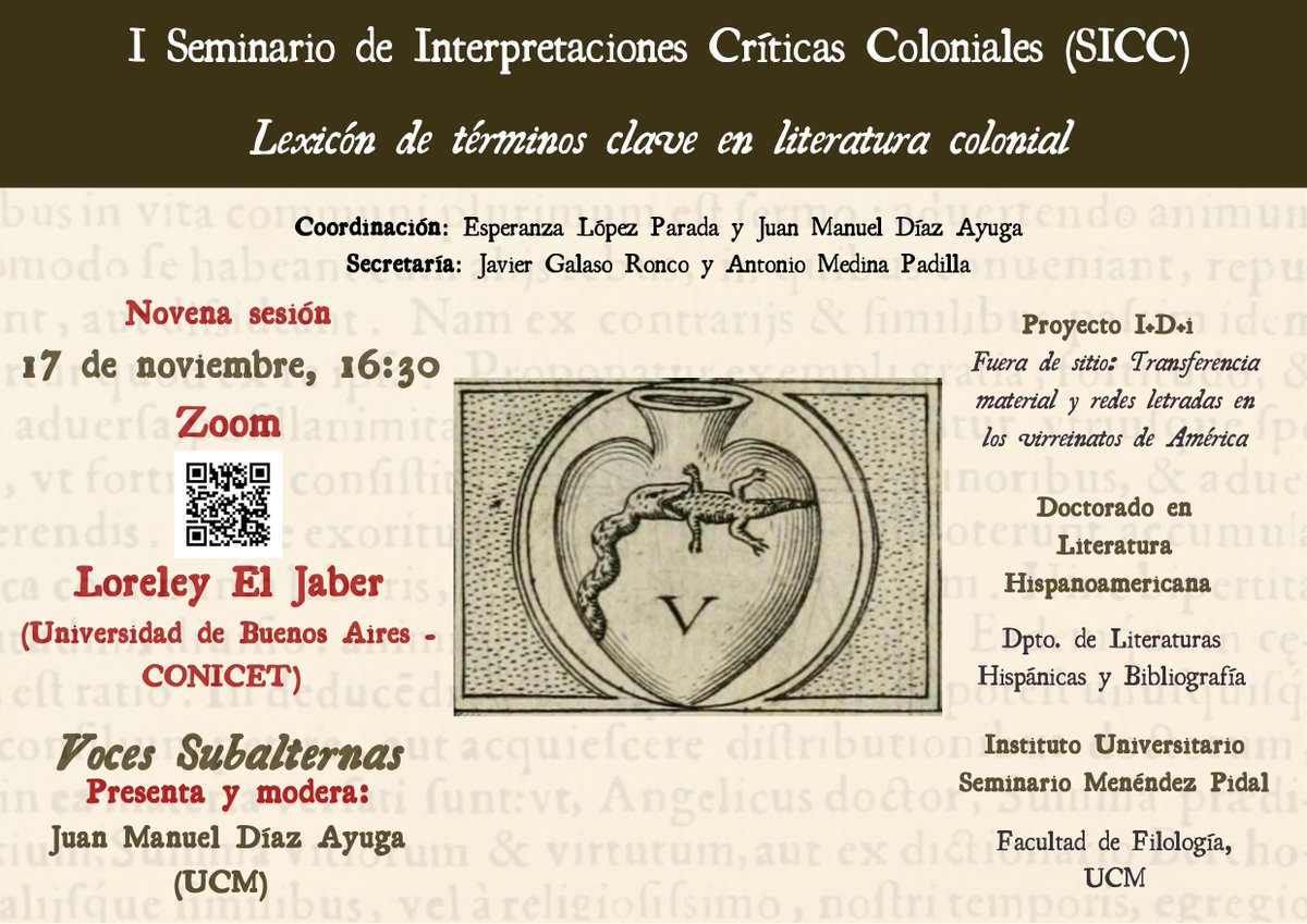🔵 I Seminario de Interpretaciones Críticas Coloniales: Lexicón de términos clave en literatura colonial

🗣️Loreley El Jaber (🇦🇷 <a href="/UBARectorado/">Universidad de Buenos Aires</a> - <a href="/Conicet/">Conicet</a>): "Voces subalternas"

🗓️ Lunes, 17 de noviembre
🕗 16:30 h
💻 Online (Zoom)