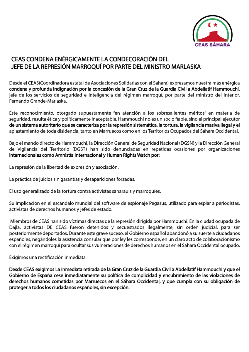 Desde el @ceassahara expresamos nuestra más enérgica condena por la concesión de la Gran Cruz de la Guardia Civil a Abdellatif Hammouchi, jefe de los servicios de seguridad e inteligencia del régimen marroquí, por parte del ministro Grande-Marlaska.
#saharalibre