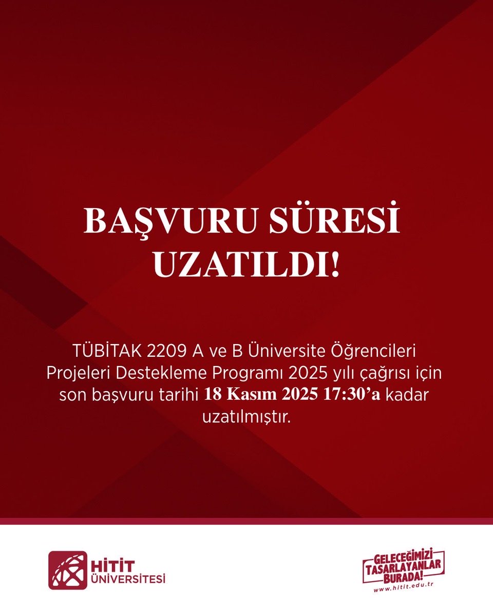 2209 Üniversite Öğrencileri Araştırma Projeleri Destekleme Programı 2025 yılı çağrısı için son başvuru tarihi 18 Kasım 2025 17:30’a kadar uzatılmıştır. <a href="/HituKurumsal/">Hitit Üniversitesi</a> <a href="/ProfAliOzturk/">Ali Osman Öztürk</a>