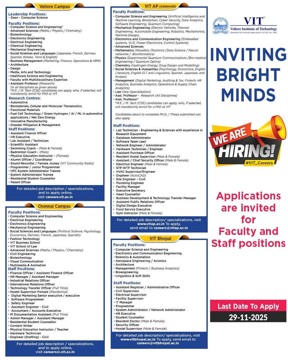 SimmaMaths's tweet image. VIT பல்கலைக்கழகத்தில் பல்வேறு பணியிடங்களுக்கு விண்ணப்பிக்கலாம்.

Last Date to Apply: 29th November 2025
🔗 For detailed job descriptions and applications @ careers.vit.ac.in