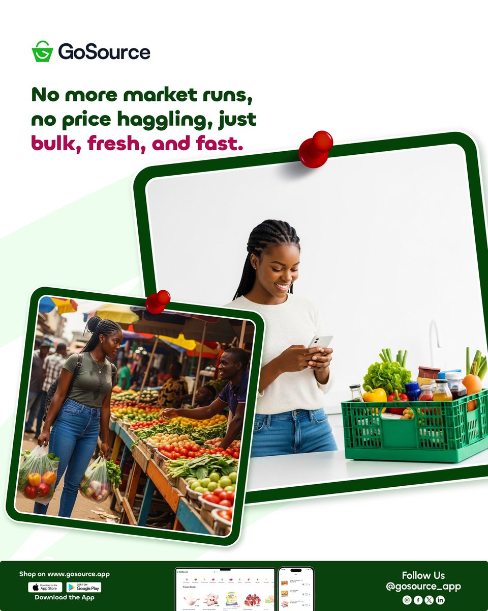 gosource_app's tweet image. Tired of market wahala? 😩 Get your fresh supplies in bulk without leaving your shop.
GoSource = no haggling, no stress, just easy ordering.