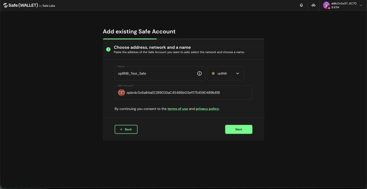 BNBChainDevs's tweet photo. Connect the signer that is part of the Safe Account and then import the Safe Account from the old fork (this UI) by giving it a name and pasting the address. https://t.co/hro1yPuhpd