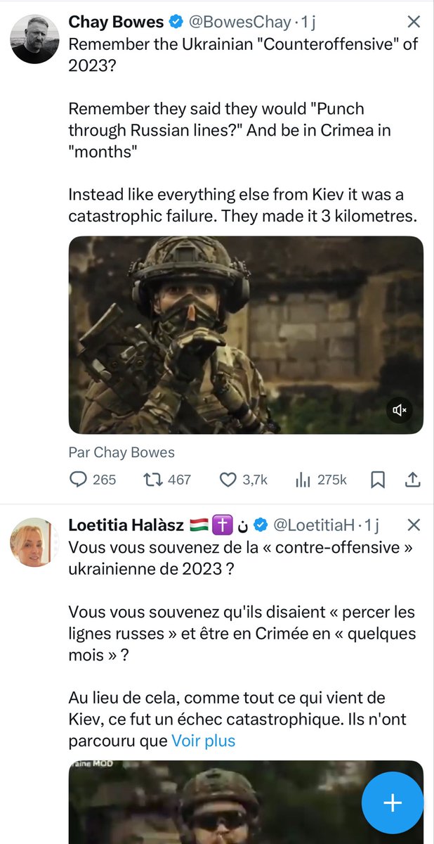 L’algorithme de X met en avant une armée de comptes de propagande pro-Poutine.
Tous recyclent les mêmes contenus, copiés-collés à l’infini, pour saturer le fil d’actu d’un narratif unique — taillé sur mesure pour le Kremlin, même quand tout est faux ou grossièrement biaisé. ⬇️