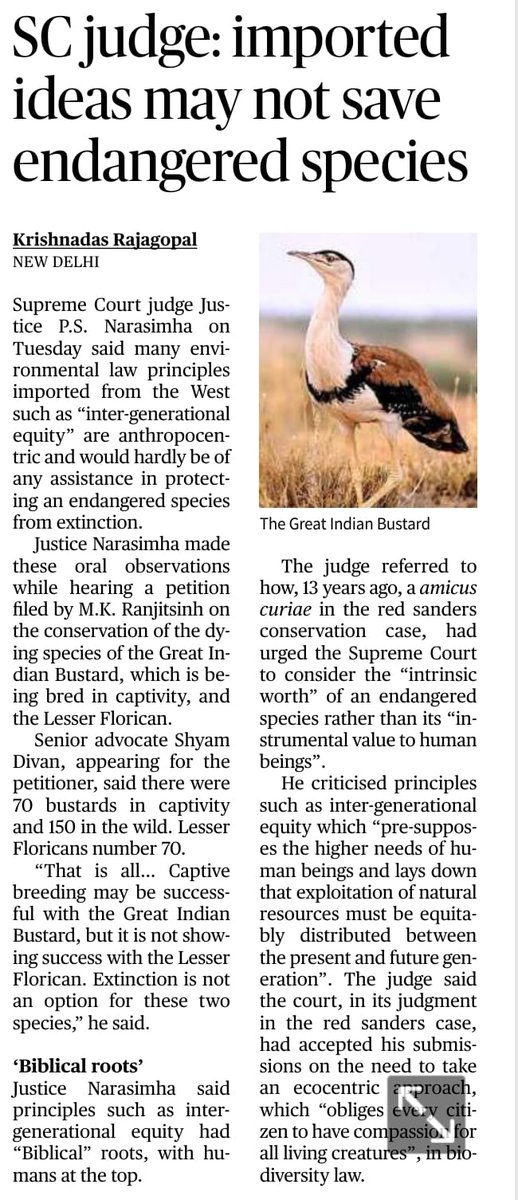 Rajmalhotrachd's tweet image. 🐦🌿 Intrinsic vs Instrumental Value in Wildlife Conservation — UPSC GS-1 (2026) 

#EnvironmentalLaw #Biodiversity #Ecocentrism #Anthropocentrism #SCIndia #UPSC2026

🌅 “When species warrant more than our benefit.”

In a recent bench hearing of the Supreme Court of India, Justice