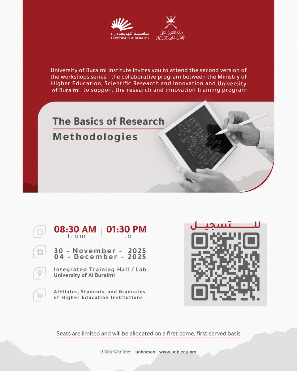 traininguob's tweet image. The Basics of #Research #Methodologies

Registration link: forms.office.com/r/k3hUdgmGpz

البرنامج التشاركي أساسيات #مناهج #البحث_العلمي

#التعليم #التعليم_العالي #التعليم_المستمر #الابتكار
@uoboman @RI_moheri @moheriom