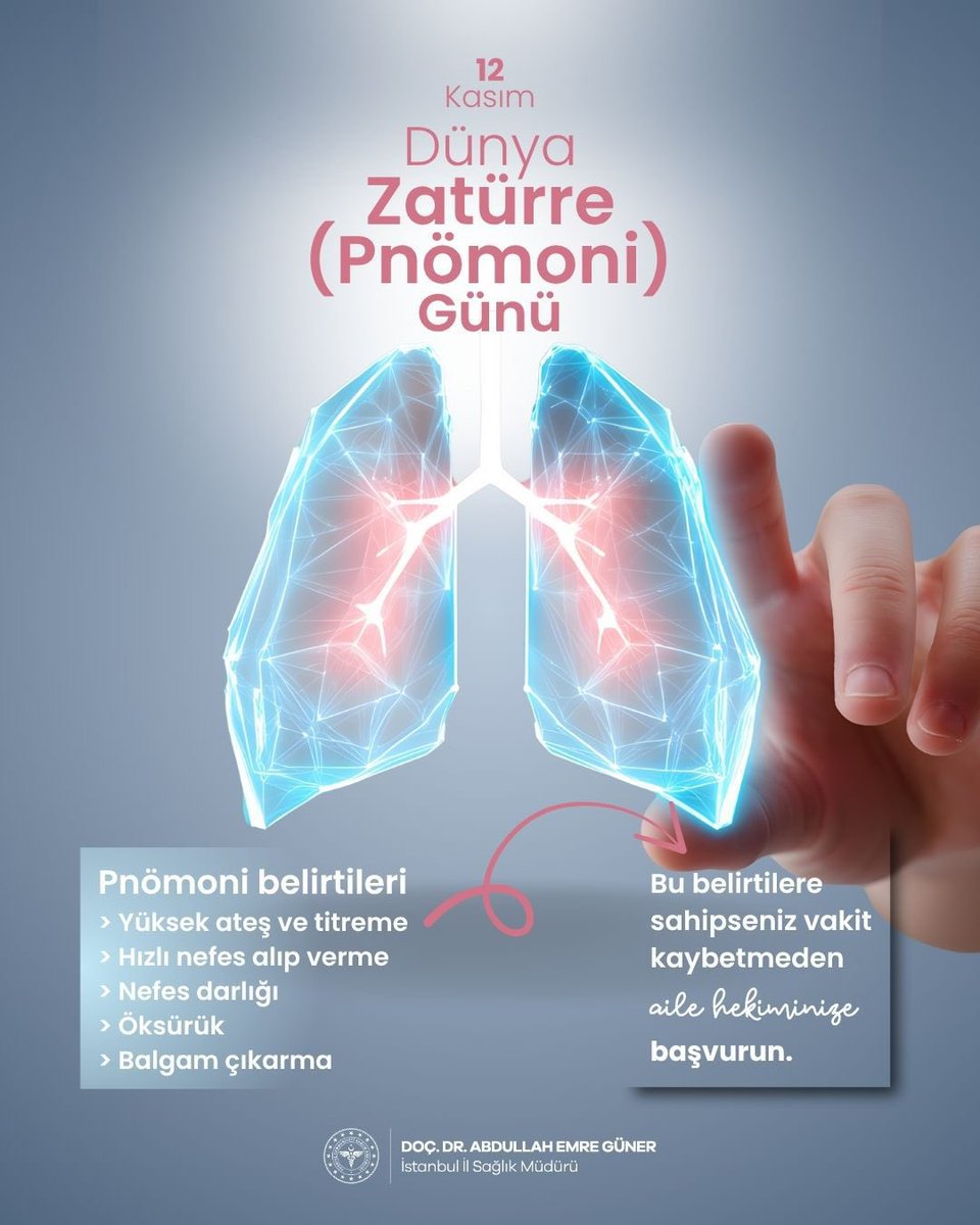 Zatürre(Pnömoni), her yaşta görülebilen ve ciddi sonuçlara yol açabilen bir akciğer enfeksiyonudur.
Yüksek ateş, titreme, nefes darlığı, öksürük ve balgam çıkarma gibi belirtiler zatürreye işaret edebilir.

🩺 Bu belirtilere sahipseniz vakit kaybetmeden aile hekiminize başvurun.