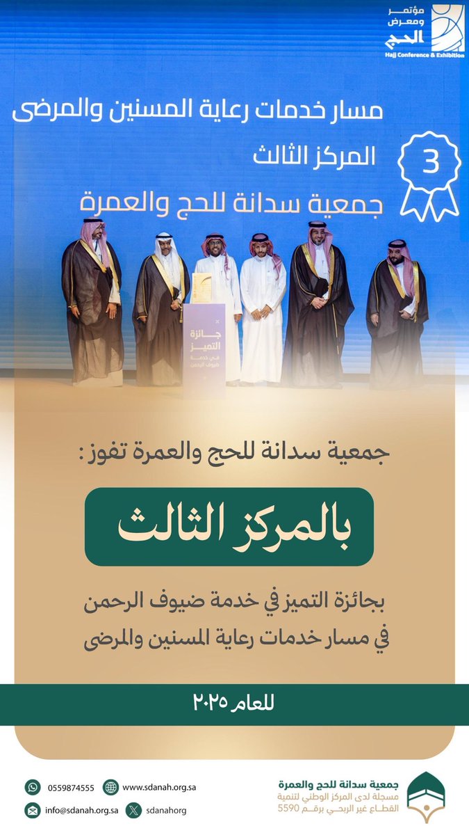 بفضل من الله وتوفيقه #جمعية_سدانة_للحج_والعمرة تفوز بجائزة التميز
في #خدمة_ضيوف_الرحمن
المركز الأول 
في مسار رعاية الأشخاص ذوي الإعاقة 
المركز الثالث 
في مسار خدمات رعاية المسنين والمرضى
الشكر للزملاء في <a href="/ncnp_sa/">المركز الوطني لتنمية القطاع غير الربحي</a> <a href="/HajMinistry/">وزارة الحج والعمرة</a> <a href="/PEPSaudi/">برنامج خدمة ضيوف الرحمن</a> 
#مؤتمر_ومعرض_الحج #من_مكة_الى_العالم