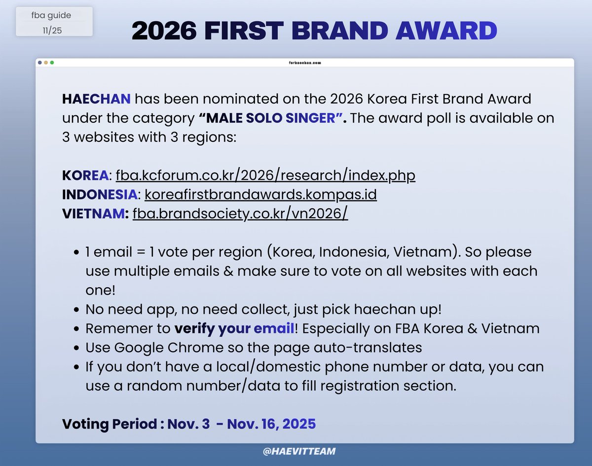 [D-4] #VoteforHaechan for “Male Solo Singer” 2026 Korea First Brand Award!

Make sure to cast your votes in all regions below⬇️
🇰🇷 fba.kcforum.co.kr/2026/research/…
🇮🇩 koreafirstbrandawards.kompas.id
🇻🇳 fba.brandsociety.co.kr/vn2026/

🔚 Nov 16
🗳️ 1 email = 1 vote (use as many emails as you can!)