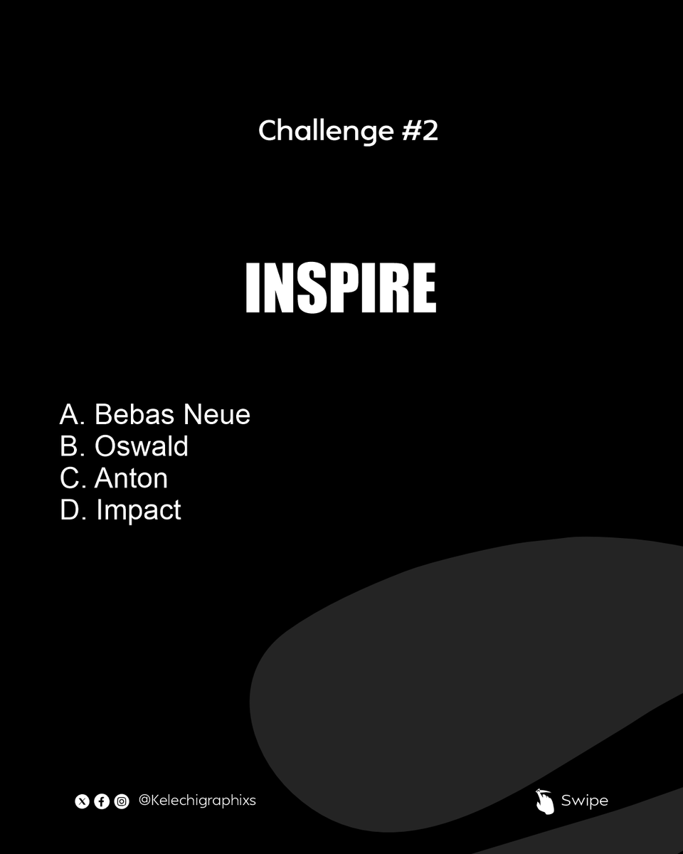 Kelechigraphixs's tweet photo. DESIGN CHALLENGE!

🧩 Answers:
1️⃣ CREATIVE — Poppins
2️⃣ INSPIRE — Impact

⚡ Follow for more design challenges every week!

#GraphicDesignChallenge #GuessTheFont #DesignGame #TypographyLovers #GraphicDesigners #CanvaDesign #FontQuiz #DesignFun #designcommunity https://t.co/ZlQ9GqnrkT