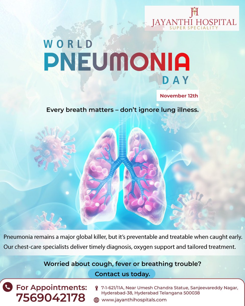 JayanthiHsptls's tweet image. This World Pneumonia Day, let’s raise awareness about one of the leading causes of preventable deaths worldwide. Pneumonia affects lungs and can be severe, especially in children and older adults. Early diagnosis and proper treatment save lives. 
#WorldPneumoniaDay #LungHealth