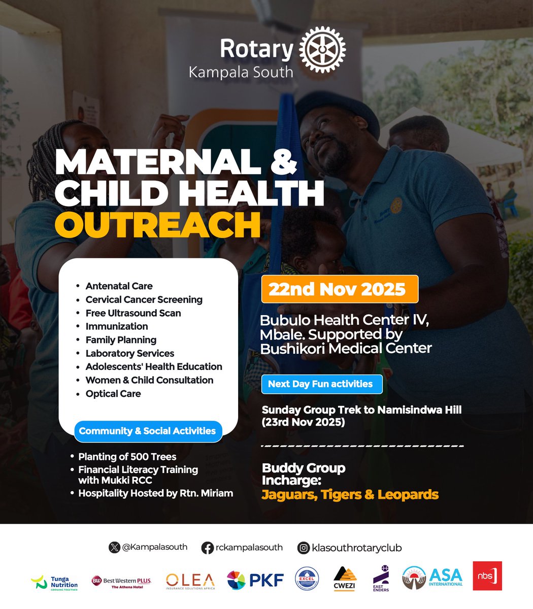A two day initiative for maternal and child health camps

21st November we are at Kikandwa health centre III in Kayunga District.
22nd November we are at Bubulo health centre IV in Mbale District. 

Come be part of Medical camps.
Plenty of activities to be done. 

#RotaryEyamba