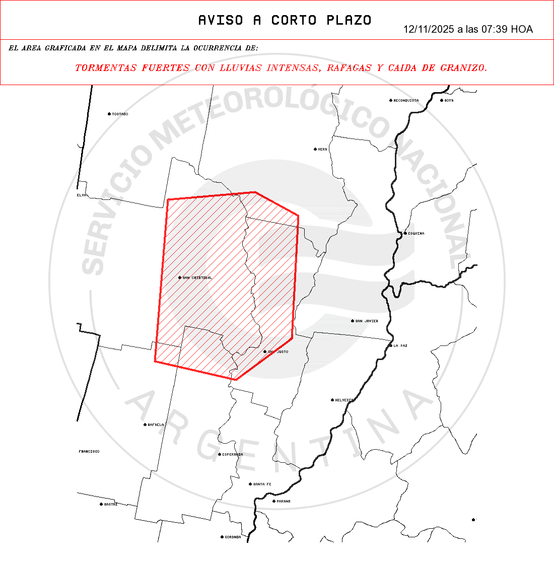 protcivilstafe's tweet image. ⛈️⚠️ Alerta Meteorológico a Corto Plazo

EMISIÓN:  12/11/2025 a las 07:39 Hs. 

POR OCURRENCIA DE:  

TORMENTAS FUERTES CON LLUVIAS INTENSAS, RAFAGAS Y CAIDA DE GRANIZO.

AFECTANDO: 

SANTA FE: Castellanos - Las Colonias - San Cristobal - San Justo - Vera.

Fuente @SMN_Argentina