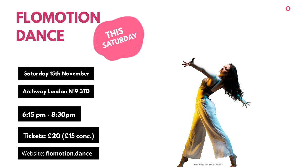 Flomotion Dance | Saturday 15th November
Flomotion dance is about conscious dance. Each dance is guided by the author of ‘Dance for Life’, Julia Franks.

Start: 6:15 pm

Location: Archway N19
Tickets: £20 (£15 conc.)
Book: flomotion.dance/bookings

#ConsciousDanceUK #EcstaticDance
