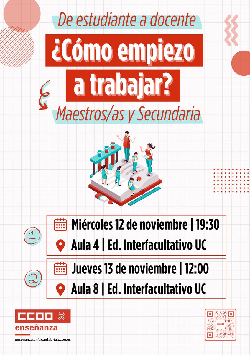 CCOO_unican's tweet photo. 📣 ¿Quieres ser profe o  maestra/o?
Este miércoles y jueves en la @unican hablamos sobre  oposiciones, acceso, futuro laboral…
🗓️ 12 nov. | 19:30 | Aula 4 Interfacultativo
🗓️ 13 nov. | 12:00 | Aula 8 Interfacultativo
¡Te esperamos! ✊📚
#EducaciónPública  #Oposiciones https://t.co/ONTrEaGjsX