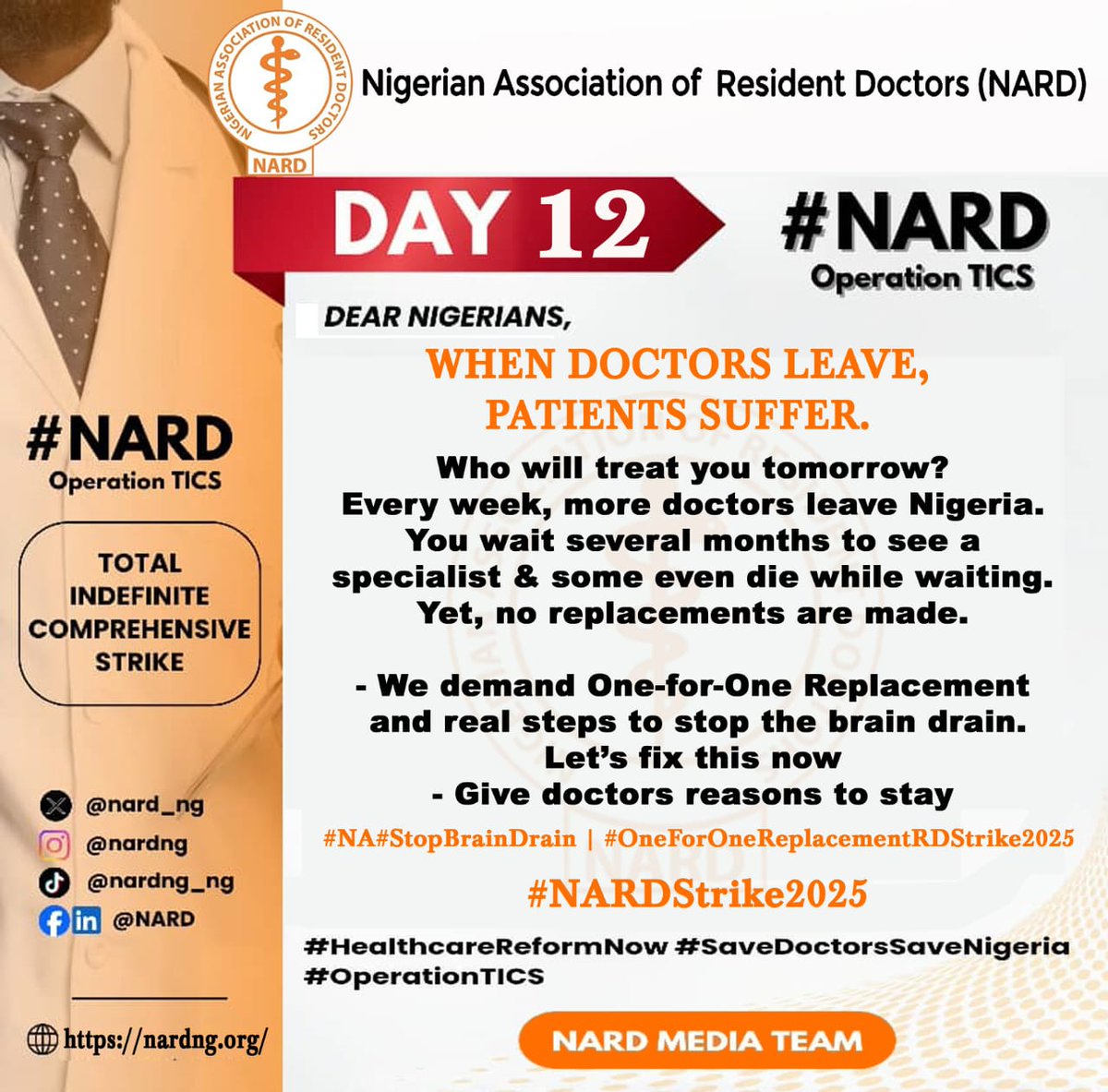 nard_nigeria's tweet image. DAY 12 OF OPERATION TICS

Dear Nigerians,
When doctors leave, patients suffer.

Who will treat you tomorrow?

Every week, more doctors leave Nigeria.
You wait several months to see a specialist &amp;amp; some even die while waiting. 
Yet, no replacements are made.

We demand One-for-One…