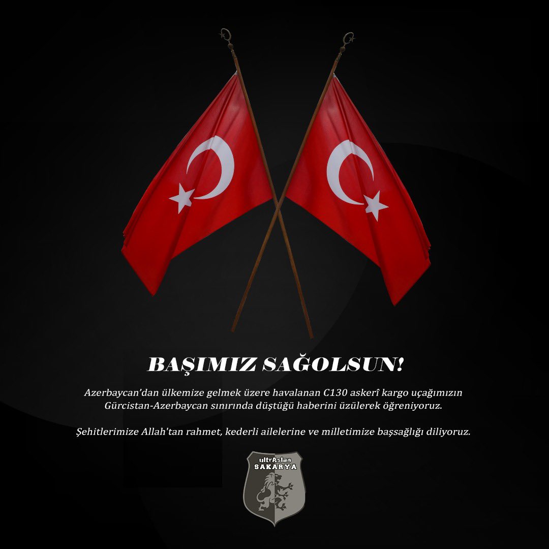 BAŞIMIZ SAĞOLSUN!

Azerbaycan’dan ülkemize gelmek üzere havalanan C130 askerî kargo uçağımızın Gürcistan-Azerbaycan sınırında düştüğü haberini üzülerek öğreniyoruz.

Şehitlerimize Allah’tan rahmet, kederli ailelerine ve milletimize başsağlığı diliyoruz.

#ultrAslan #uAYurtiçi