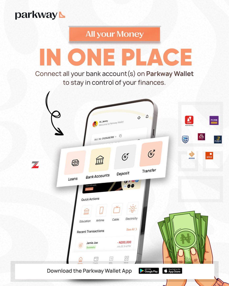 ParkwayNG's tweet image. Access your bank accounts on Parkway Wallet and enjoy faster, easier transactions from one place.

Download the Parkway Wallet App today. 

.

#parkwaywallet #appfeature #bankaccount
