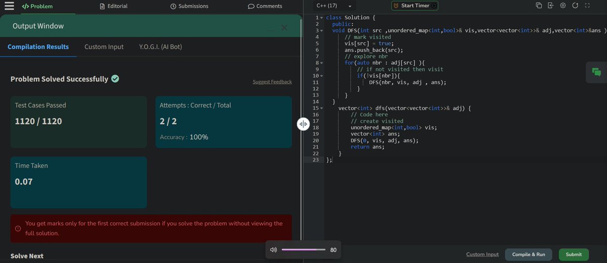 SaubanMohd42492's tweet image. Day  214 of GFG Challenge:
&quot;DFS of Graph &quot;
  
Time Complexity: O(V + E)
Auxiliary Space: O(V + E)

@geeksforgeeks #GFGChallenge  #geeksforgeeks