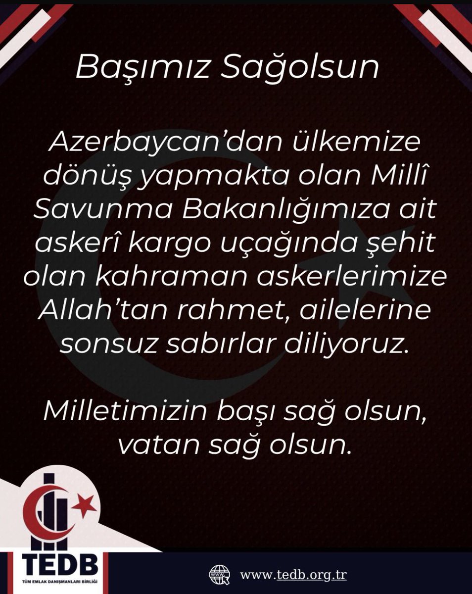 Gürcistan’da düşen C130 askeri kargo uçağımızda şehit olan askerlerimize Allah’tan rahmet, kederli ailelerine başsağlığı dilerim. Ruhları şad, mekanları cennet olsun İnşallah. #ŞehidinVarTürkiye

Milletimizin Başı Sağ Olsun🇹🇷