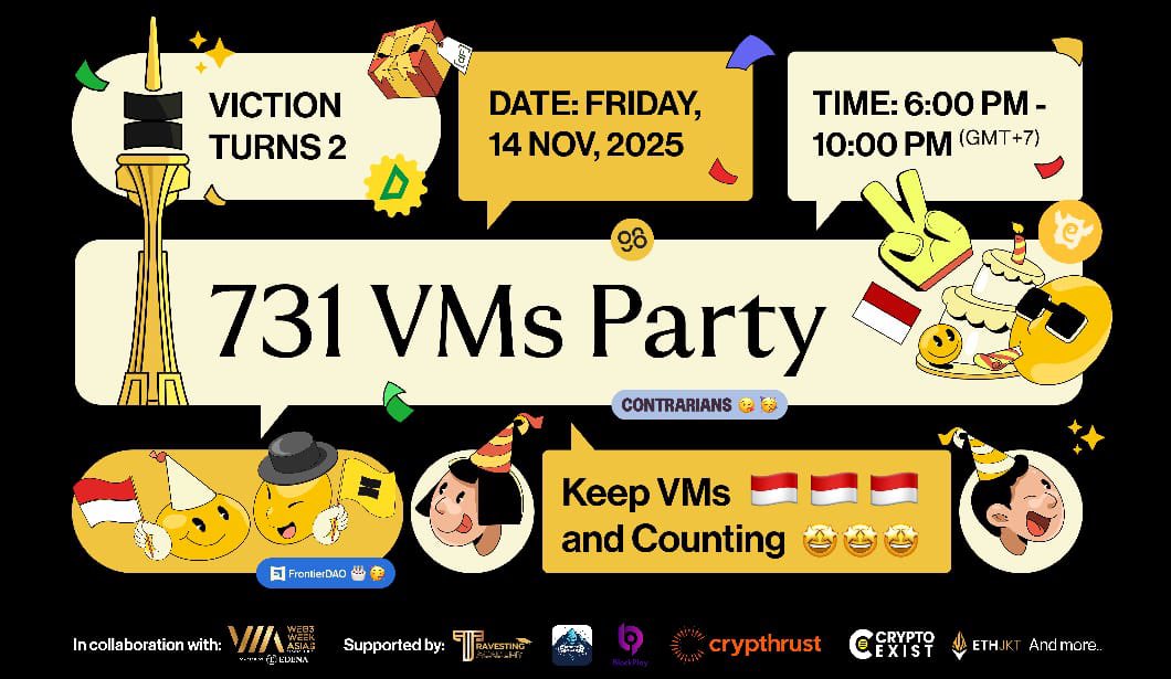 cryptoexist's tweet image. 731 VMs Party: Indonesia 

🎉731 hari. 2 tahun. Vibes tak terbatas. @BuildOnViction @Frontier_DAO @VictionID 

📅 Friday, 14 November 2025 
⏰ 18:00 – 22:00 WIB
🏠 Lithium Rooftop, Kota Jakarta Selatan, Daerah Khusus Ibukota Jakarta

Daftar disini: luma.com/9mksvkc8