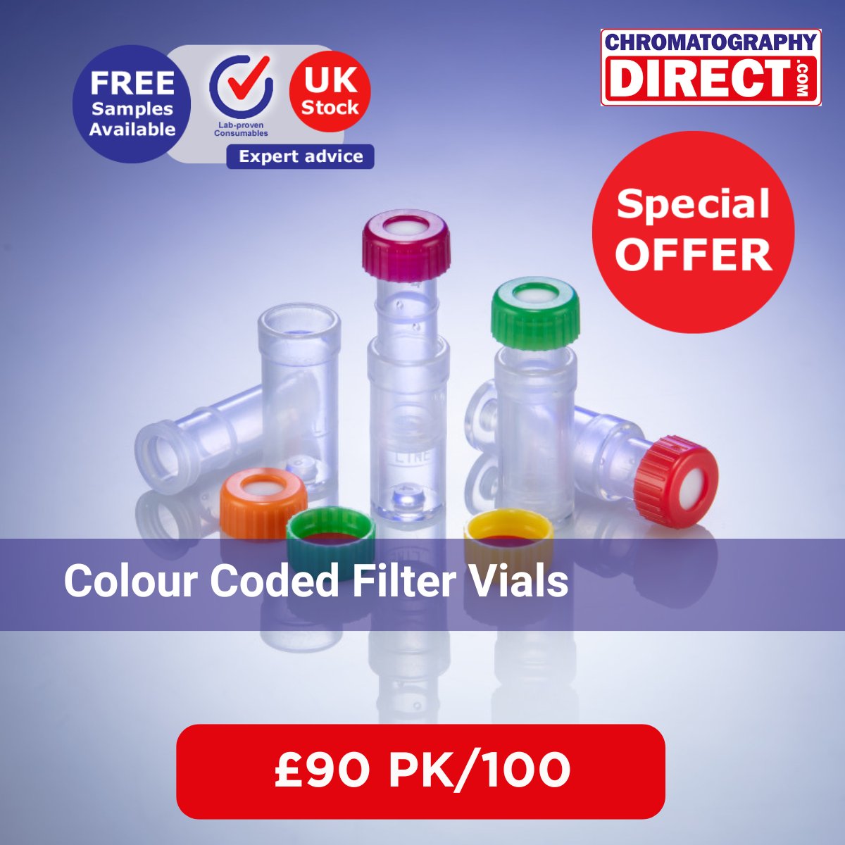 ChromDirect's tweet image. Filter Vials £90 PK/100! Amber &amp;amp; clear options, colour coded for membrane ID, with non-slit &amp;amp; pre-slit caps. UK stock—order now: bit.ly/4qTRy67 #LabSupplies #Chromatography #LabConsumables