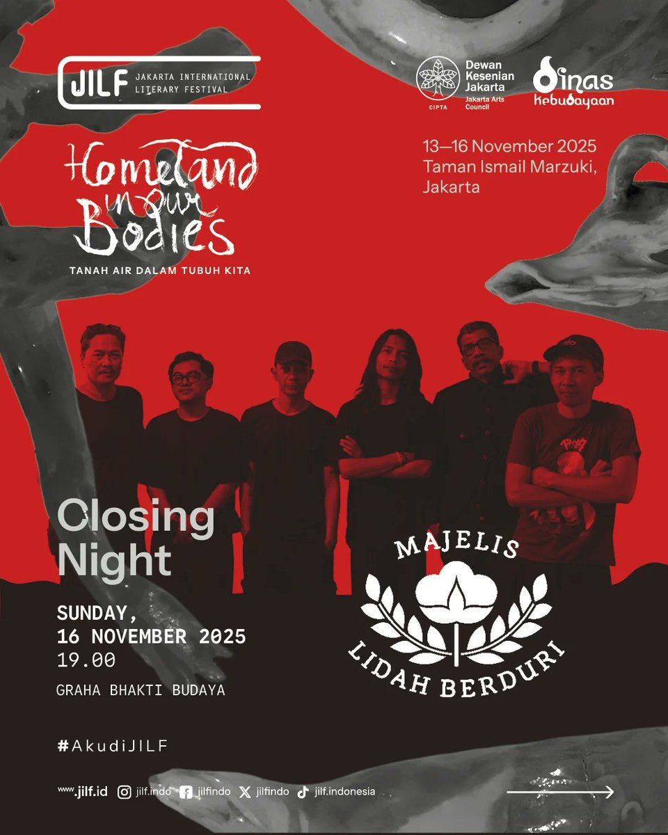 Temani kami di malam penutupan JILF 2025 "Homeland in Your Bodies" di Graha Bakti Budaya TIM, 16 November 2025 malam, buka pintu jam 19:00 WIB. Acaranya gratis tapi tempatnya terbatas. Cek instagram.com/jilf.indo?igsh… untuk  info registrasi. Sampai ketemu ya :)