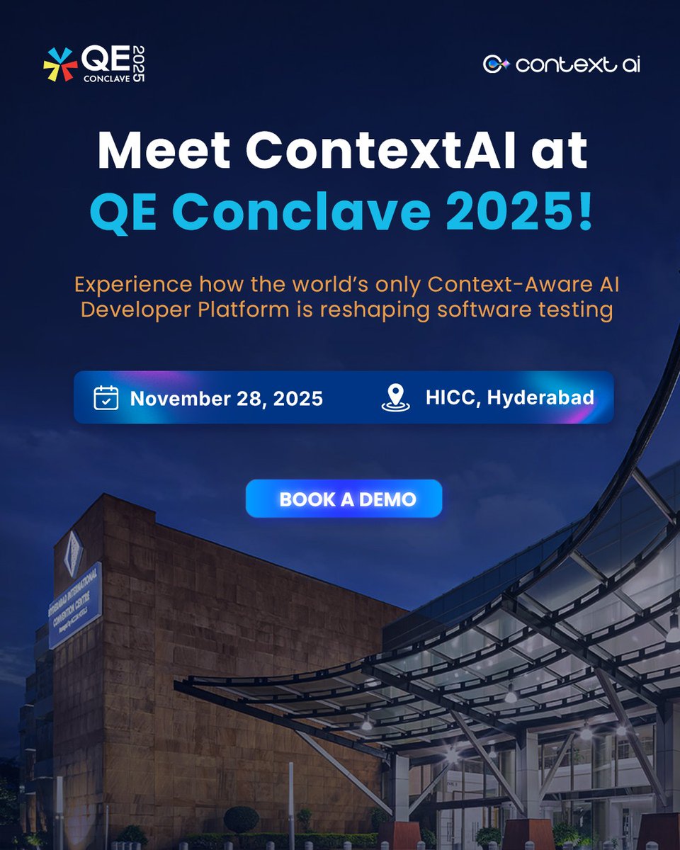 ContextQa's tweet image. Join us at QE Conclave 2025 to see ContextAI in action and how AI is reshaping software testing.

Click here know more 👉 contextai.us/events/eqconcl…

#ContextAI #QEConclave2025 #AIinQA #AutomationTesting #SoftwareTesting #AITesting
