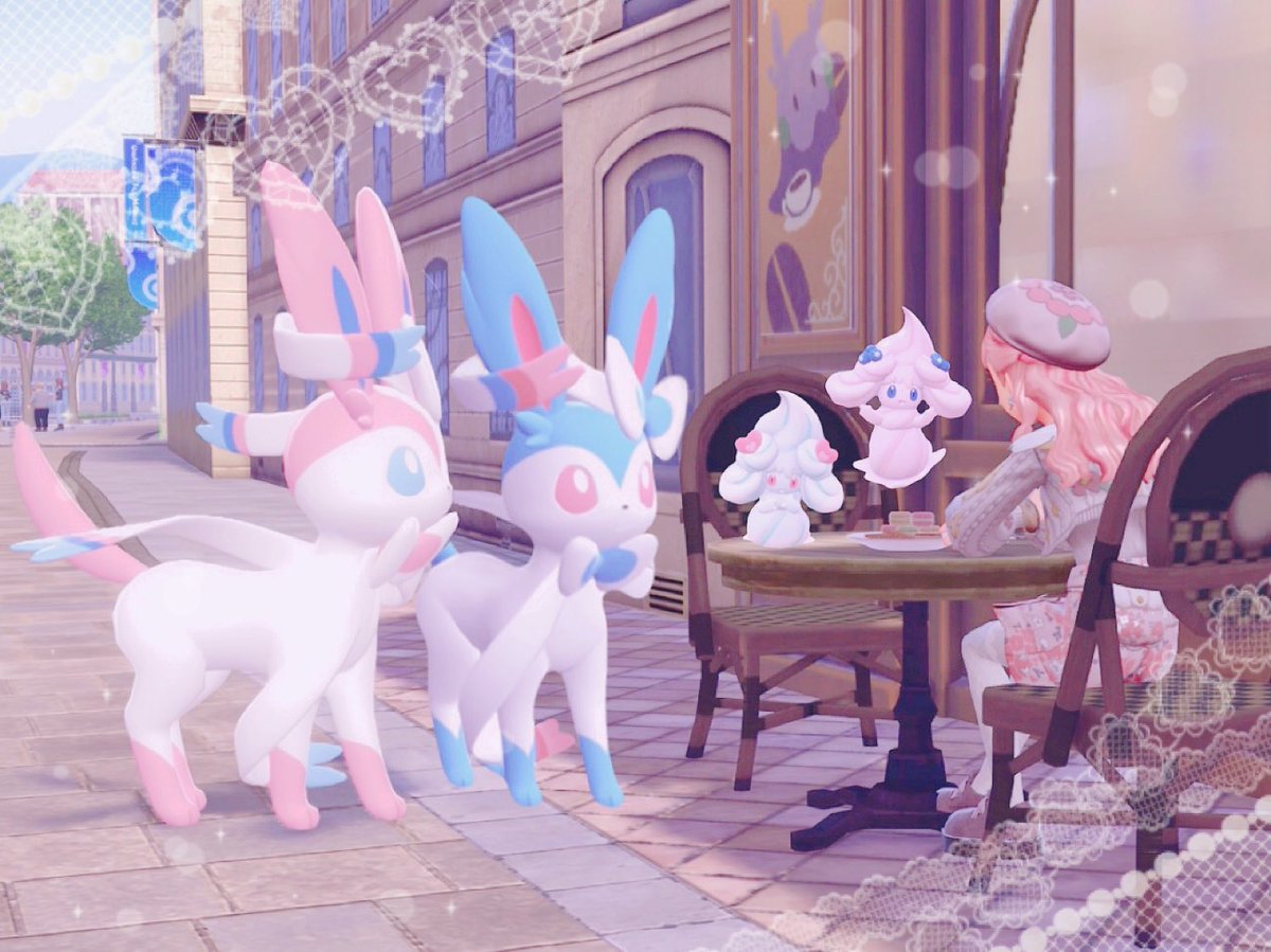 🎀🎀🎀🎀

理想の光景第二弾💍💘
水色×ピンクのニンフィアちゃん&amp;マホイップちゃんたちとカフェ💎💗

#ポケモンレジェンズZA