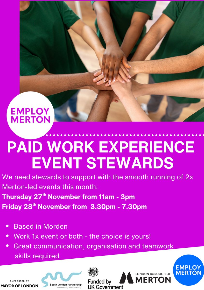 EmployMerton's tweet image. We are looking for residents who are great communicators, able to work well within a team and would like to support our team through paid work experience as event stewards! 😃

Please do get in touch today to register your interest.

#stewards #paidworkexperience #workexperience