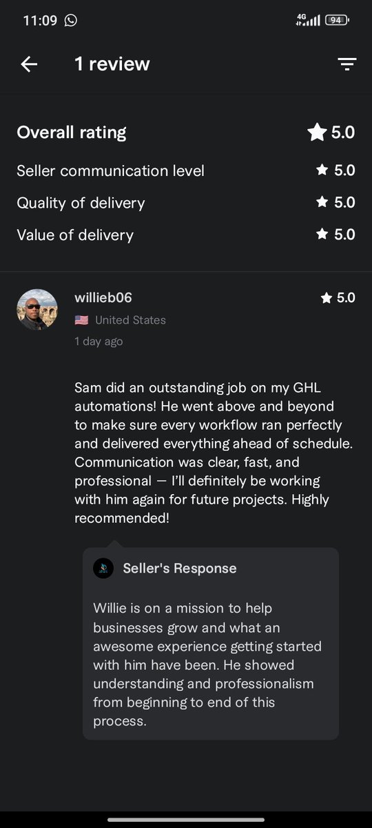 Sam_Aborode's tweet image. Thrilled with this 5 ⭐ review on Fiverr  from Willie. I delivered killer GHL automations ahead of schedule, with crystal-clear comms. Honored to work with growth-focused pros like him.
Let&apos;s crush more projects! 
#Gohighlevel #GHL #Highlevelexpert #Highlevel #Automation #SaaS
