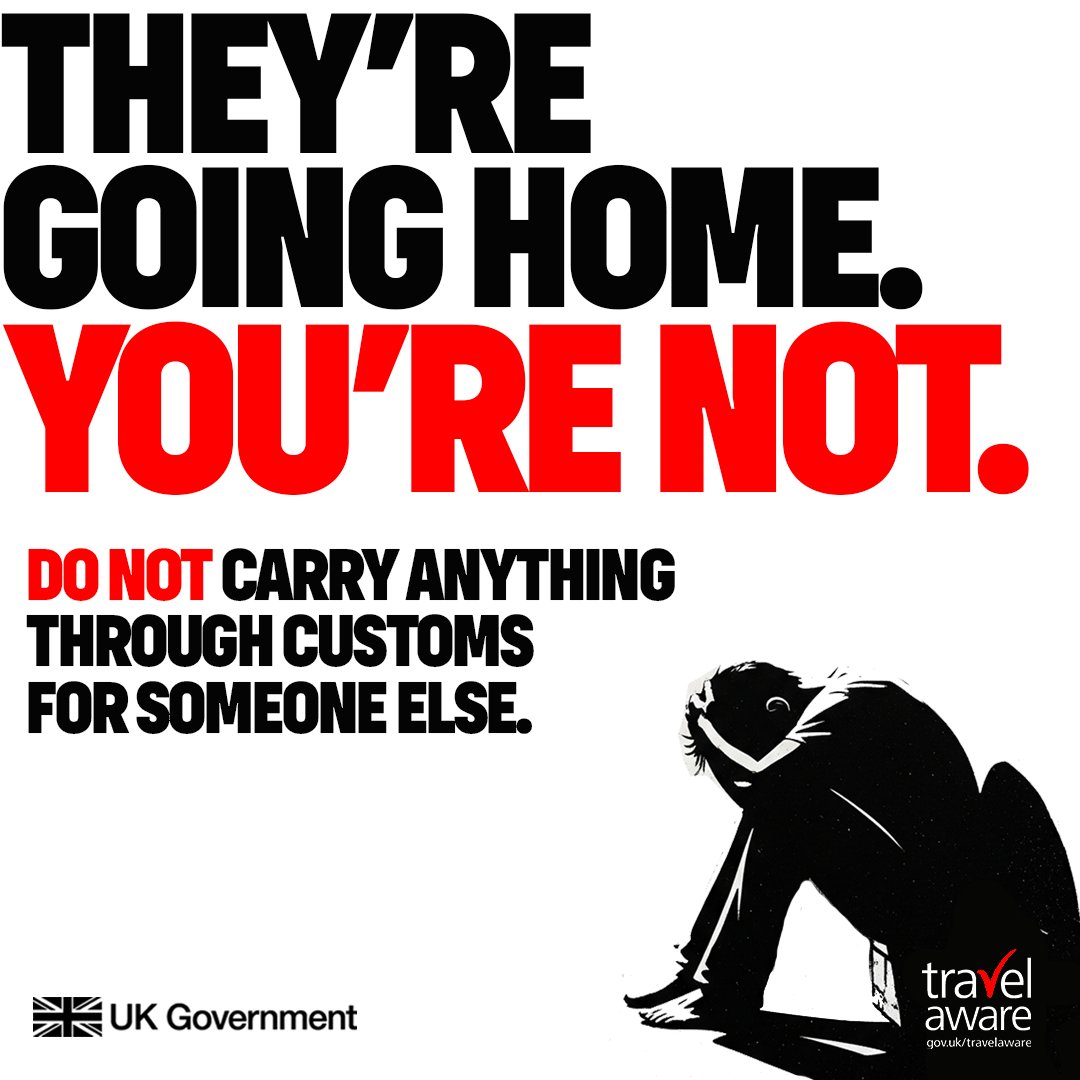 FCDOtravelGovUK's tweet photo. Criminal gangs are known to pressure people into carrying drugs. 

Always pack your own luggage and do not carry anything through customs for someone else. 

For more information, check: https://t.co/yK5OuUZ7hG https://t.co/OvEzLUVpgL
