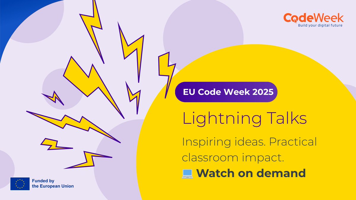 CodeWeekEU's tweet image. 🎙️ Short, smart &amp;amp; inspiring!
The new #EUCodeWeek Lightning Talks give teachers 35-minute sessions on AI, creativity &amp;amp; coding.
Perfect for your next lunch break 👉 youtube.com/playlist?list=…
#DigitalSkills #EdTech