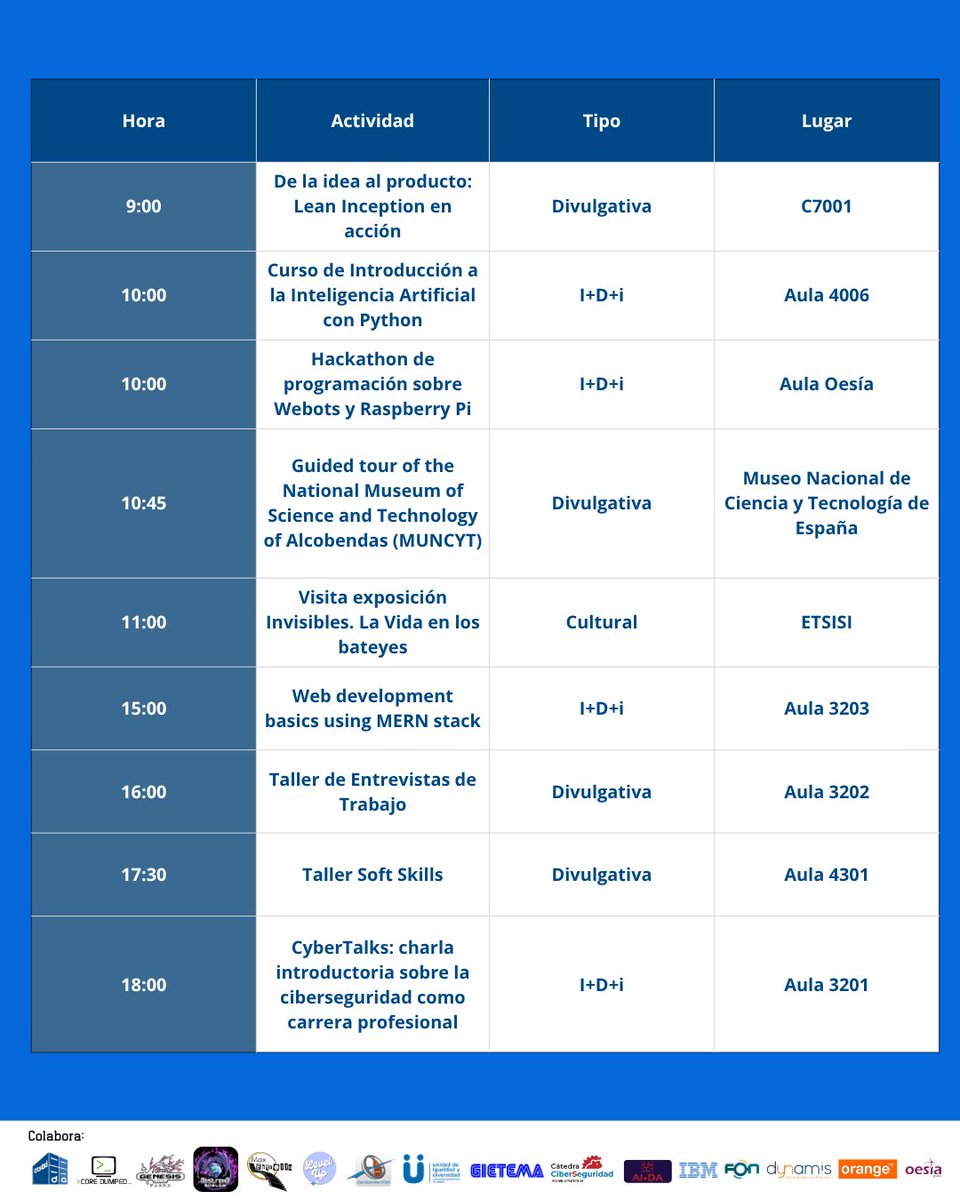 ETSISIupm's tweet image. 📢¡Seguimos con las actividades del Martes 18 para la Semana UPM Conecta!

#somosUPM #etsisi #upmconecta #nosoloingenieria #vidauniversitaria