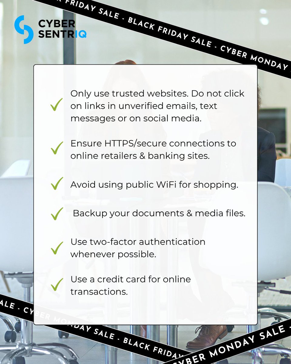 CyberSentriq1's tweet image. The golden rule this holiday season: If it is too good to be true, it probably IS a scam. Stop. Think. Protect yourself.

What are your top tips for staying cyber-safe? Share in the comments 👇

#CyberMonday #CyberSecurityTips #BlackFridaySafety