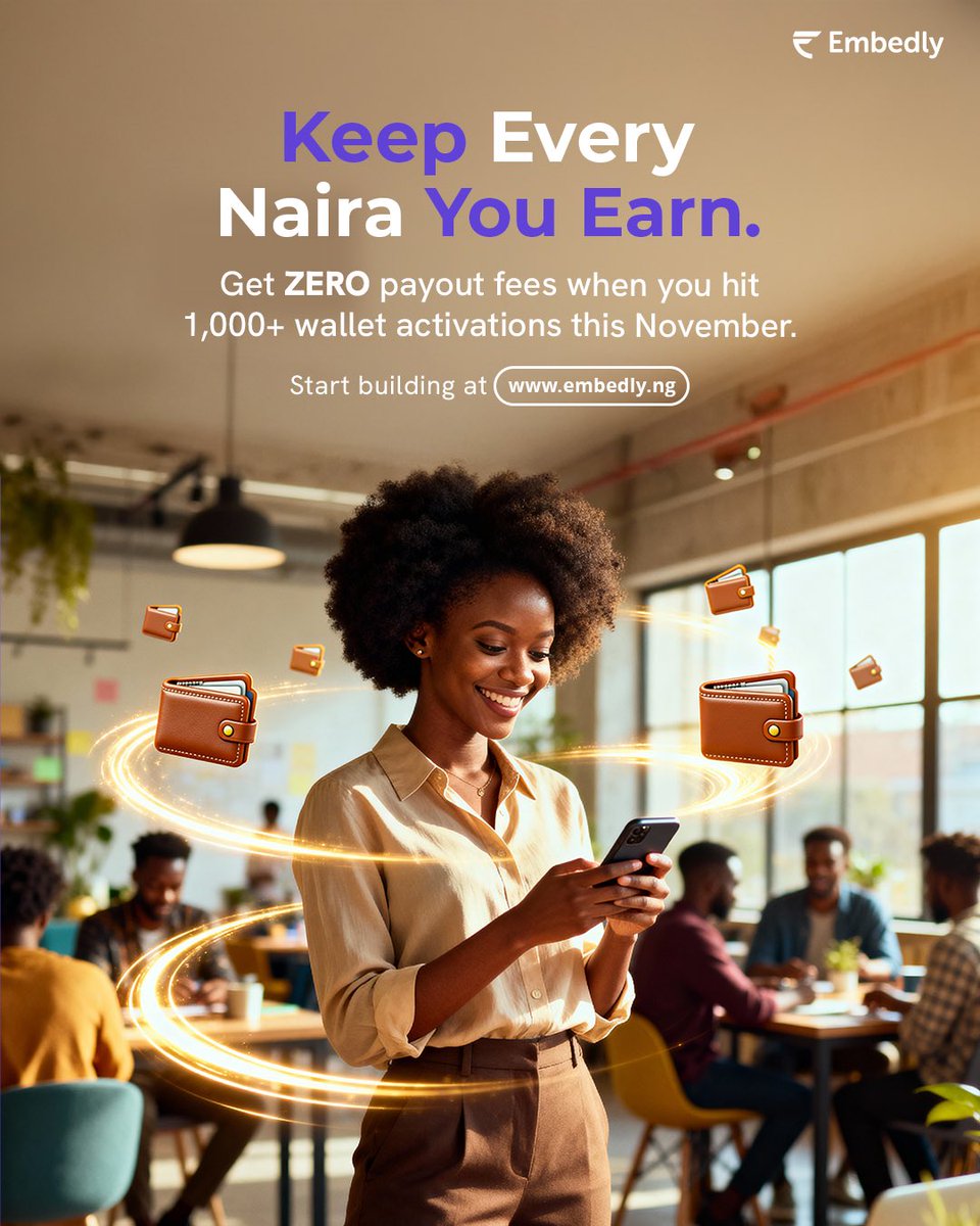 useembedly's tweet image. What if you could grow your business and keep all your money? 🤭

With Embedly, you can! 🥳💃🏼

Activate over 1,000 wallets this November and enjoy ZERO payout fees.

Want to know how? Visit the link in our bio or slide into our DM to get started. 🚀

#Embedly #EmbeddedFinance
