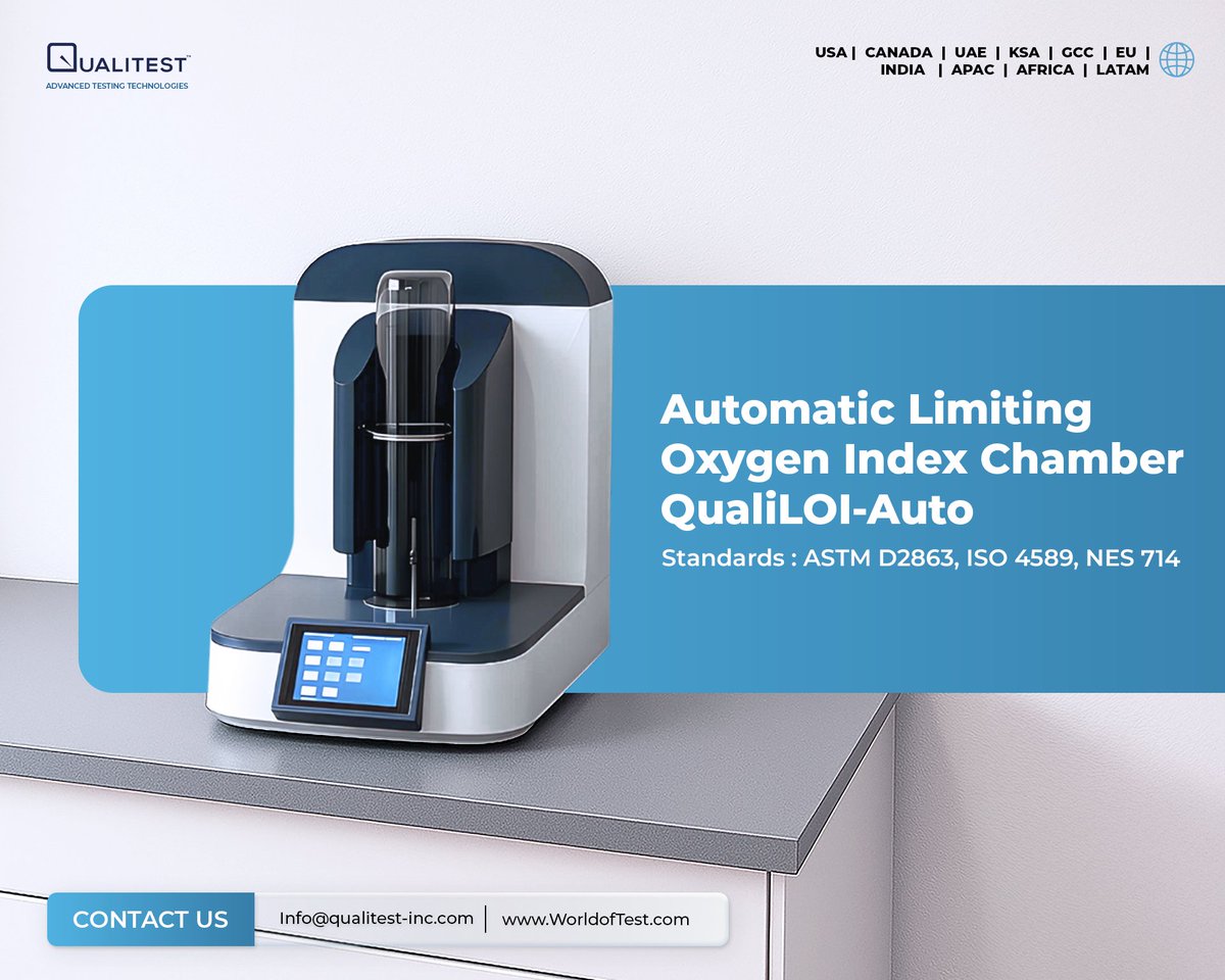 Qualitestinc's tweet image. The Qualitest QualiLOI-Auto delivers precise, automated flammability testing with a paramagnetic O₂ sensor, touchscreen control &amp;amp; quartz chamber. Fully compliant with ASTM D2863, ISO 4589, NES 714.

Learn more: worldoftest.com/automatic-limi…

 #Qualitest #MaterialTesting #chamber