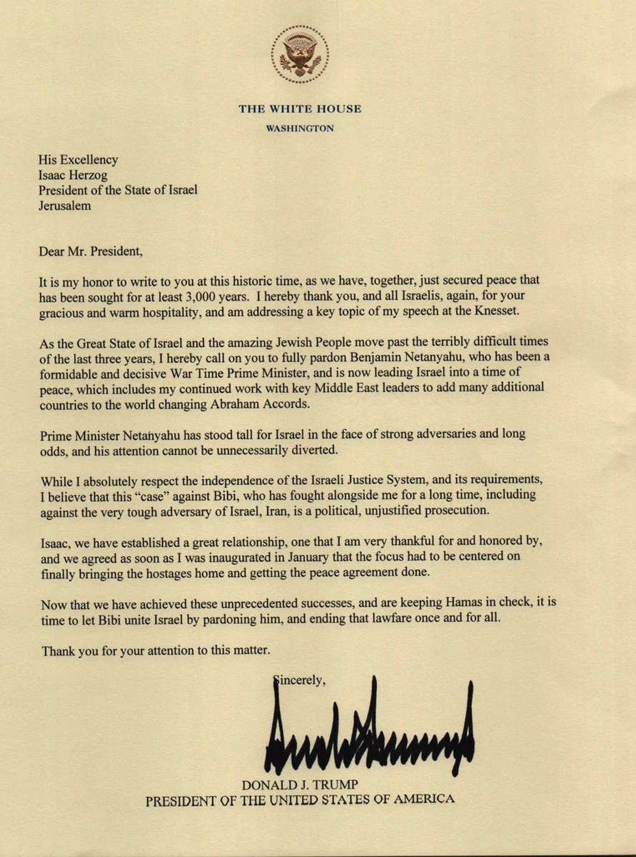 🚨🇺🇸🇮🇱President Trump sent a letter to Israeli President Herzog calling him to pardon Prime Minister Netanyahu