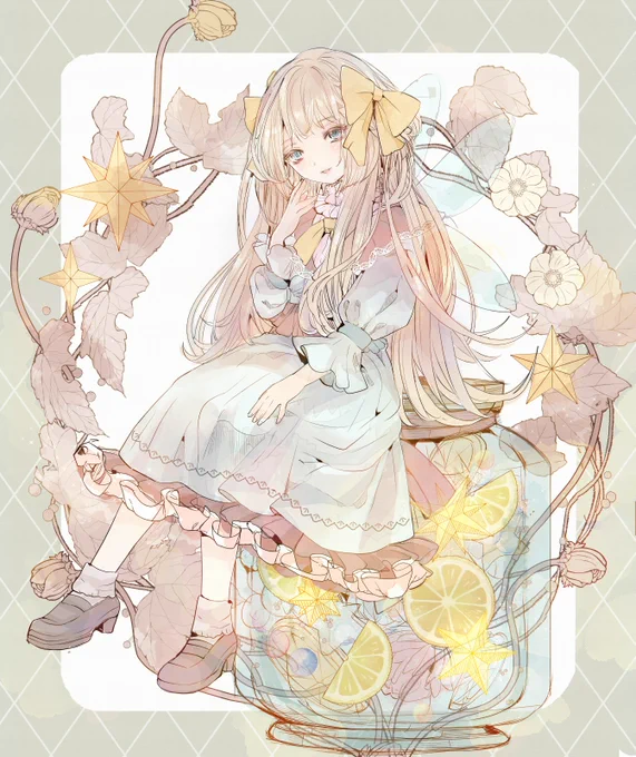 #癒やされる作品が集まるタグ イラストで少しでも癒しをお届けできたらと願い制作していますレモンの小瓶の妖精、透明水彩風イラストです