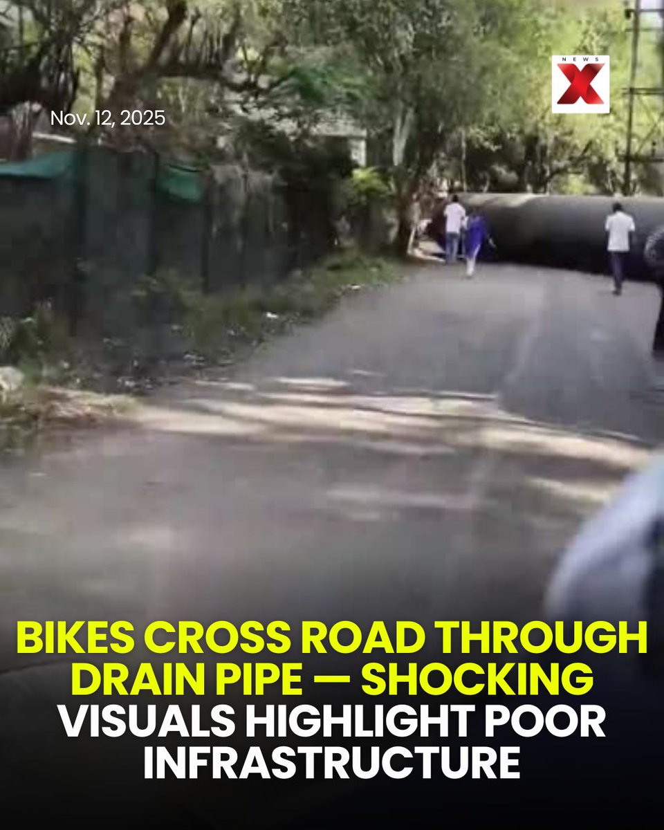 NewsX's tweet image. A shocking video shows bikers using an underground drain pipe to cross the road, exposing the poor state of infrastructure and lack of proper crossings. The visuals have sparked outrage on social media, with many questioning road safety standards.

#ViralVideo #InfrastructureFail