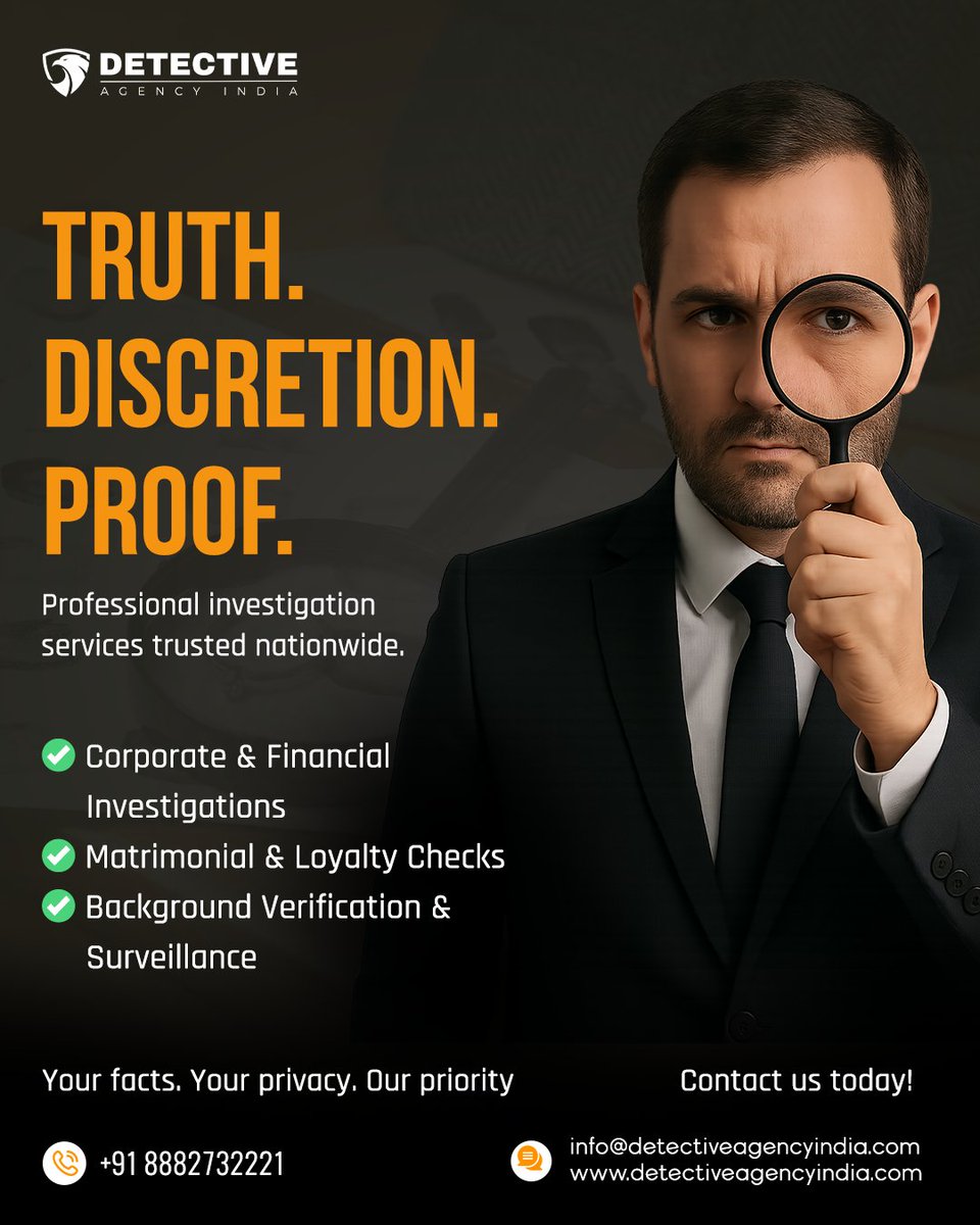 DIndia47737's tweet image. 🕵️‍♂️ When truth matters most, trust discretion, precision, and proof.

Nationwide investigation services — confidential, legal, and reliable.

📞 +91 8882732221
🌐 detectiveagencyindia.com

#PrivateDetective #InvestigationServices #DetectiveAgencyIndia