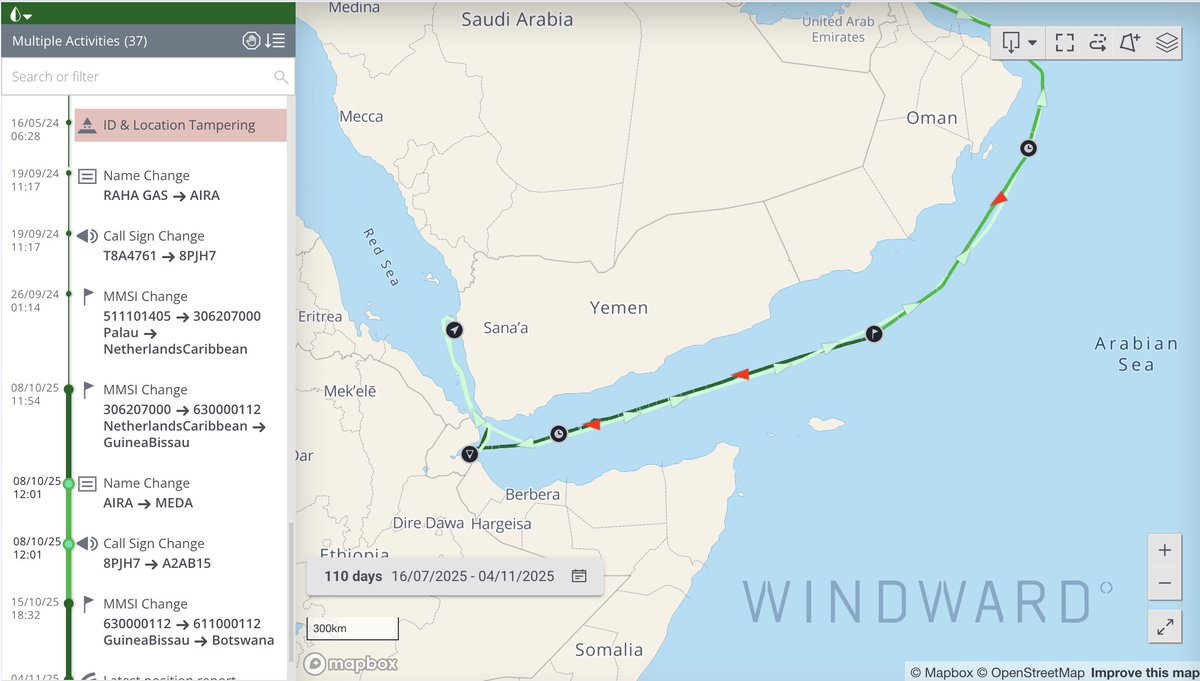 🚢 Windward’s #ShipoftheDay: Meda (IMO 8818219).

A new dark fleet record. The US-sanctioned LPG carrier Meda has changed its flag three times in one week, ending with one never seen before. 🧵👇
