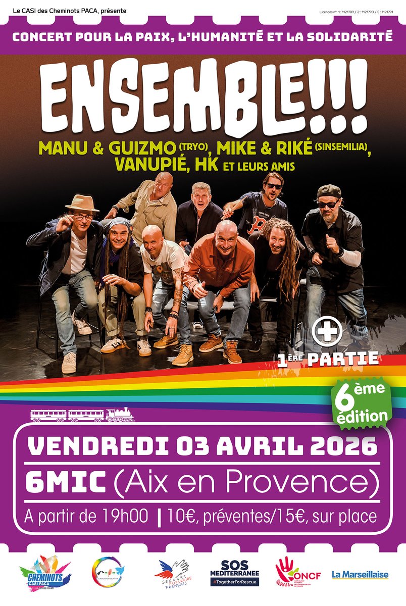 Concert pour la Paix, l’Humanité et la Solidarité 2026 !! le vendredi 3 avril 2026 au 6MIC !
Tête d’affiche le collectif « ENSEMBLE !!! », 
10€ en prévente et 15€ sur place !
Pensez bien à réserver en amont :
📷billetterie.seetickets.fr/ensemble-manu-…