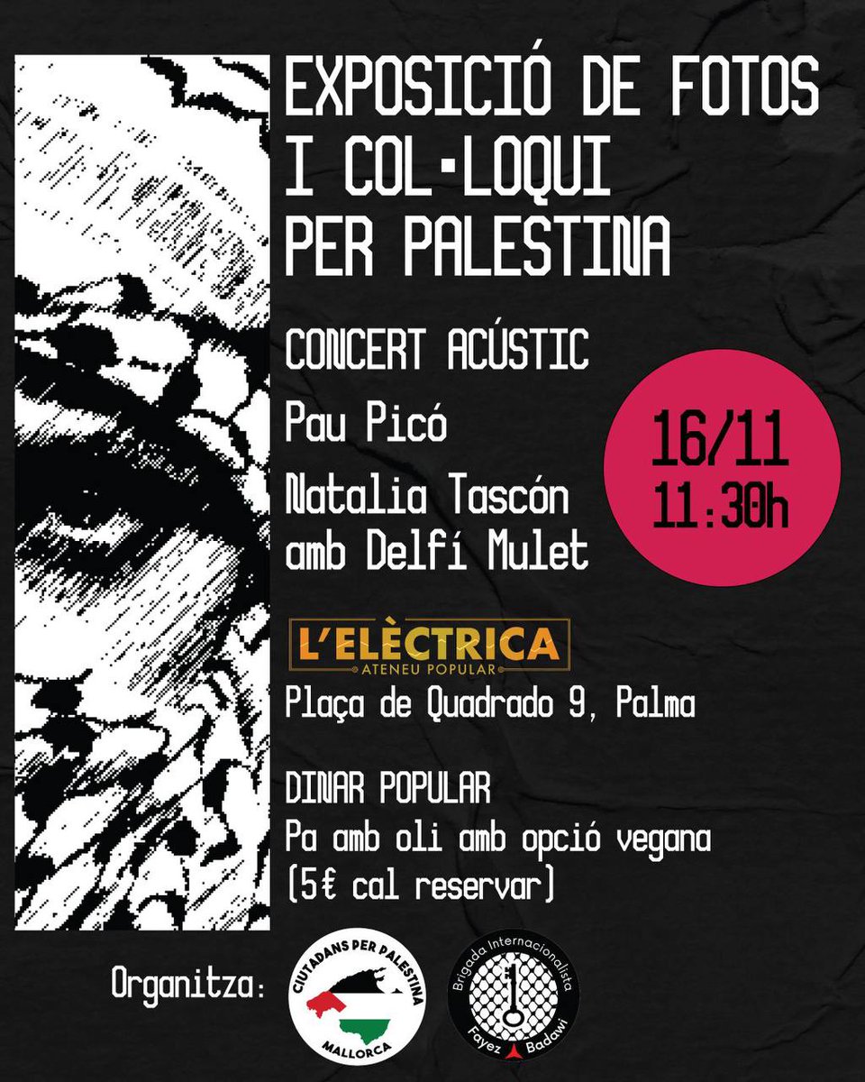 ✌️Aquest cap de setmana, doble acte de Ciutadans per Palestina: dissabte, a Manacor juntament amb Embat; diumenge, a l'Elèctrica amb la Brigada Fayez Badawi.

El divendres a vespre serem presents a la festa antirrepresiva del <a href="/sindicatPalma/">Sindicat Habitatge Palma</a>, a la Factoria de So⬇️