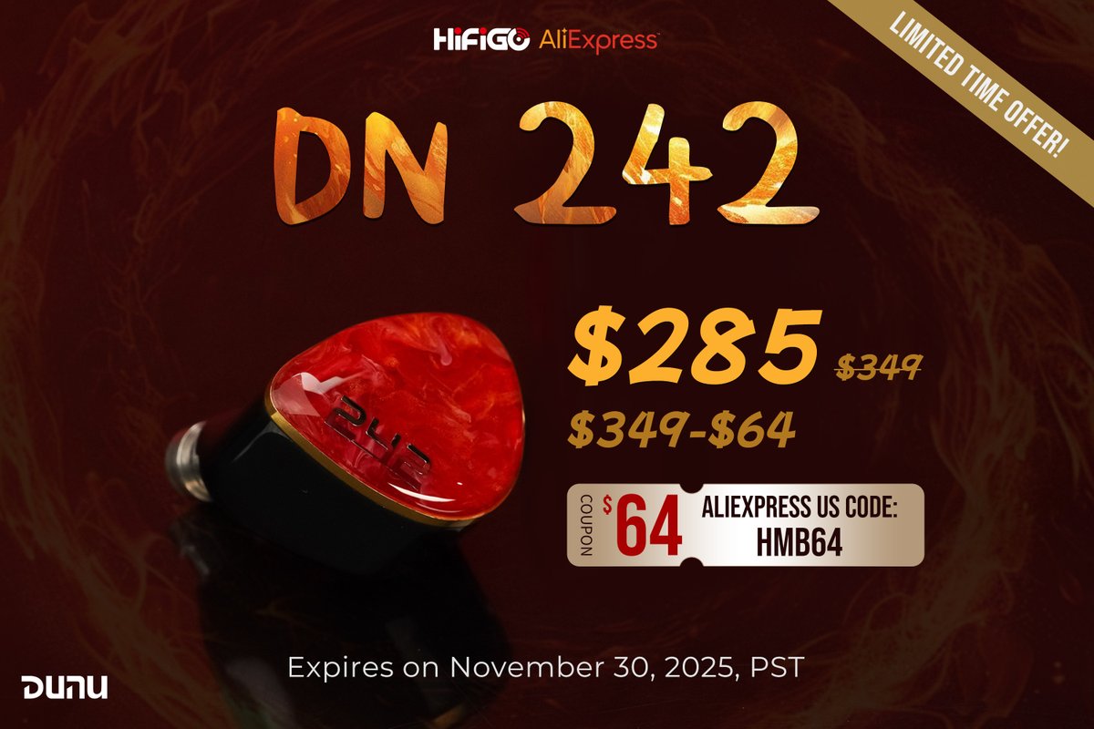HiFiGoAudio's tweet image. 🔥@DUNU_Headphone  DN242 roars with Nezha’s spirit!😍
🌫Now at a friendlier price.✨
🎤Grab yours and feel the power!💥
🛒aliexpress.us/item/325681008…
#HiFiGo #DUNU #DN242 #NewArrivals #AliExpress #IEM #HiFi #Audiophile #double11 #Sale