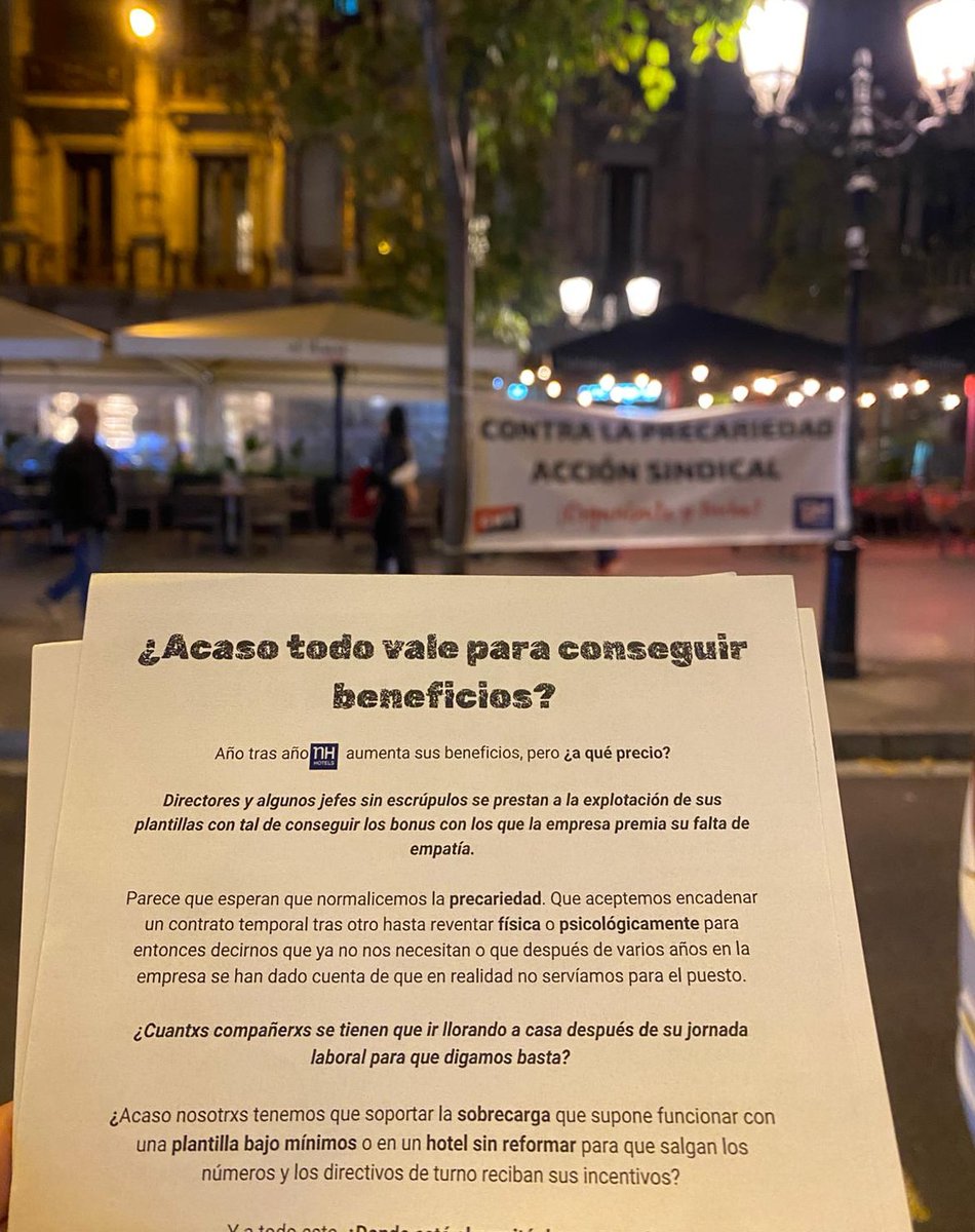 <a href="/NHHotels/">NH Hotels</a> se equivoca, nuestras concesiones nacen de una voluntad conciliadora, no de la debilidad. Si apuestan por la confrontación, ahí nos encontrarán.

Y estan encontrando a #CNT en Aranjuez, Salamanca, Madrid, Valladolid... Berlin.